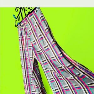 Wide-Leg Plaid Stripe Pants in Gray and Pink Accent